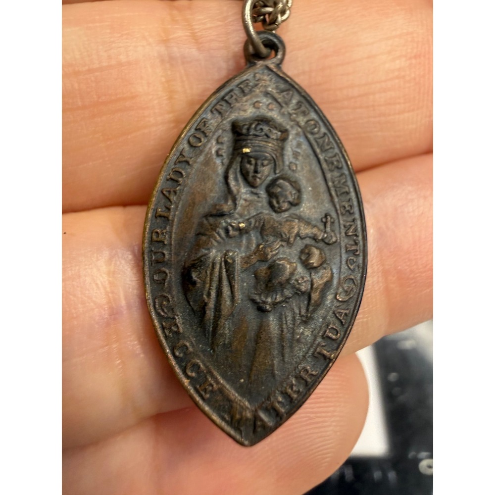 Antique Our Lady of the Atonement Rosary League Medal Necklace Oct 7 1901 Bronze